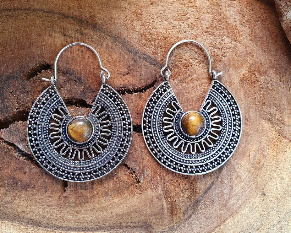 Tiger Eye & Silver Hoop Earrings Ethnic, rustic, yoga, hippie, gypsy, pretty, psy, boho, bohemian, festival