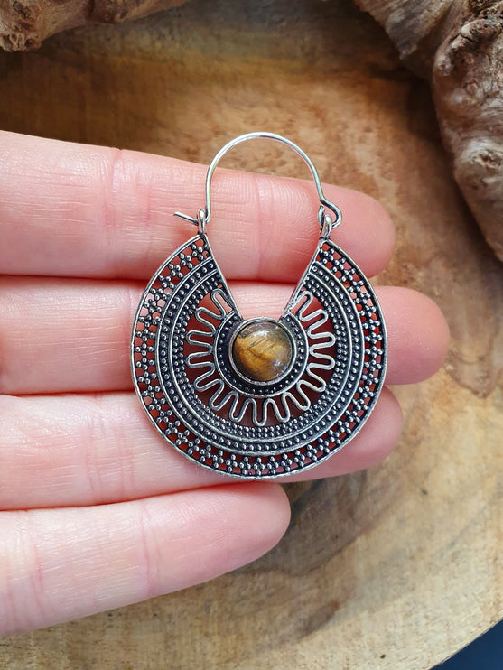 Tiger Eye & Silver Hoop Earrings Ethnic, rustic, yoga, hippie, gypsy, pretty, psy, boho, bohemian, festival