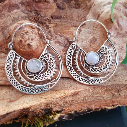 Silver Ethnic Moonstone Earrings Ethnic, rustic, yoga, hippie, gypsy, pretty, psy, boho, bohemian, festival