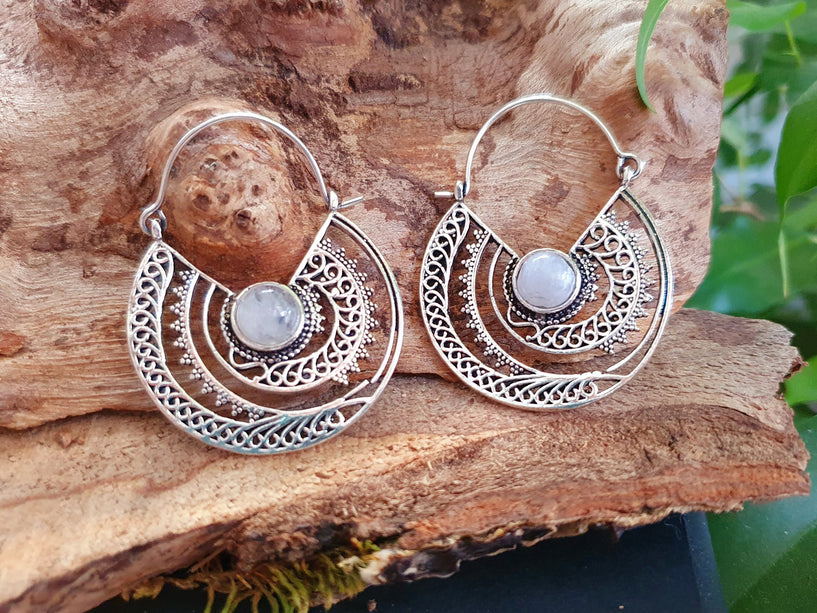 Silver Ethnic Moonstone Earrings Ethnic, rustic, yoga, hippie, gypsy, pretty, psy, boho, bohemian, festival