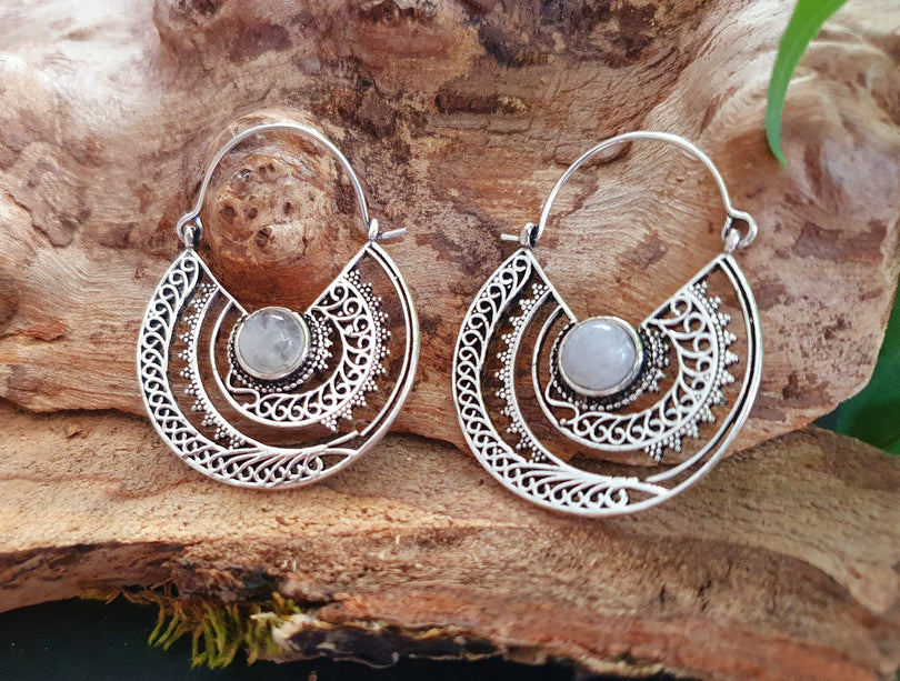 Silver Ethnic Moonstone Earrings Ethnic, rustic, yoga, hippie, gypsy, pretty, psy, boho, bohemian, festival