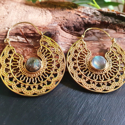 Labradorite & Brass Hoop Earrings Ethnic, rustic, yoga, hippie, gypsy, pretty, psy, boho, bohemian, festival