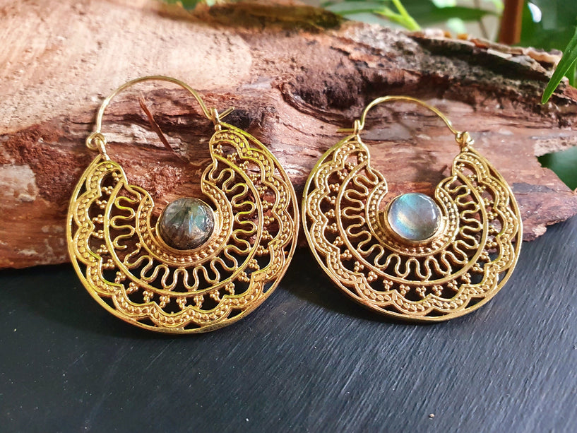Labradorite & Brass Hoop Earrings Ethnic, rustic, yoga, hippie, gypsy, pretty, psy, boho, bohemian, festival