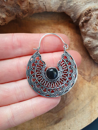 Aztec Black Onyx Silver Hoop Earrings Ethnic, rustic, yoga, hippie, gypsy, pretty, psy, boho, bohemian, festival