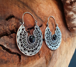 Aztec Black Onyx Silver Hoop Earrings Ethnic, rustic, yoga, hippie, gypsy, pretty, psy, boho, bohemian, festival