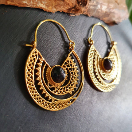 Black Onyx & Brass Hoop Ethnic Earrings , rustic, yoga, hippie, gypsy, pretty, psy, boho, bohemian, festival