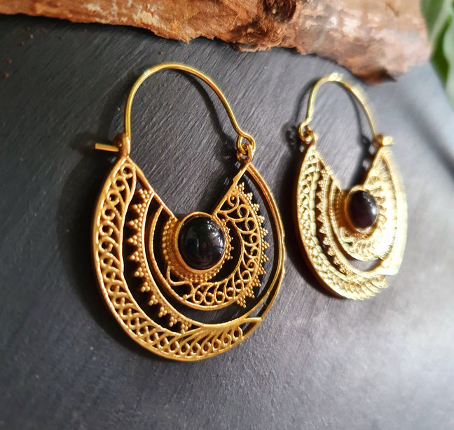 Black Onyx & Brass Hoop Ethnic Earrings , rustic, yoga, hippie, gypsy, pretty, psy, boho, bohemian, festival