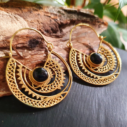 Black Onyx & Brass Hoop Ethnic Earrings , rustic, yoga, hippie, gypsy, pretty, psy, boho, bohemian, festival