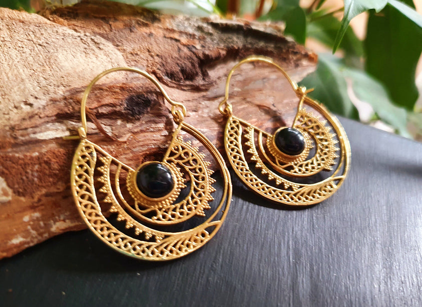 Black Onyx & Brass Hoop Ethnic Earrings , rustic, yoga, hippie, gypsy, pretty, psy, boho, bohemian, festival