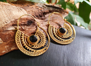 Black Onyx & Brass Hoop Ethnic Earrings , rustic, yoga, hippie, gypsy, pretty, psy, boho, bohemian, festival
