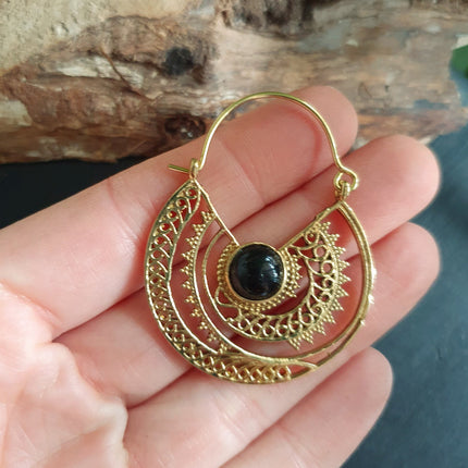 Black Onyx & Brass Hoop Ethnic Earrings , rustic, yoga, hippie, gypsy, pretty, psy, boho, bohemian, festival