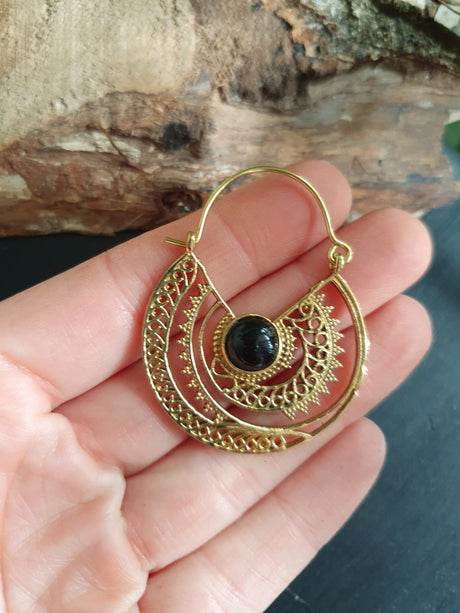 Black Onyx & Brass Hoop Ethnic Earrings , rustic, yoga, hippie, gypsy, pretty, psy, boho, bohemian, festival