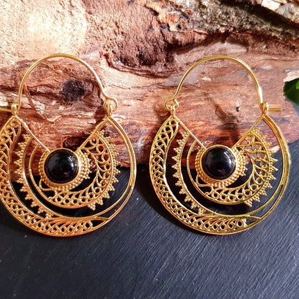 Black Onyx & Brass Hoop Ethnic Earrings , rustic, yoga, hippie, gypsy, pretty, psy, boho, bohemian, festival