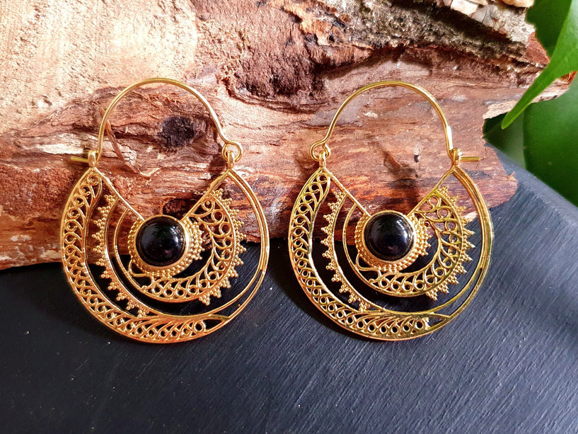 Black Onyx & Brass Hoop Ethnic Earrings , rustic, yoga, hippie, gypsy, pretty, psy, boho, bohemian, festival