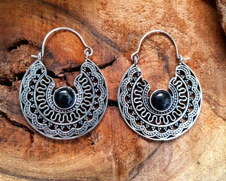 Aztec Black Onyx Silver Hoop Earrings Ethnic, rustic, yoga, hippie, gypsy, pretty, psy, boho, bohemian, festival