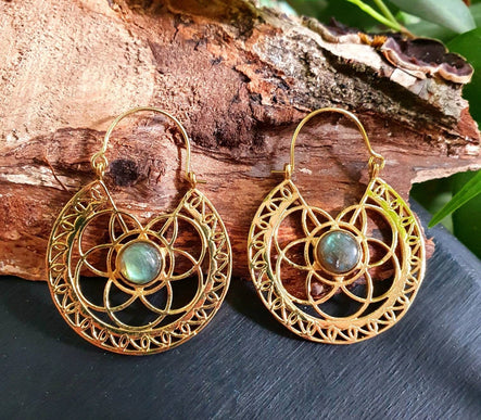 Labradorite & Brass Hoop Earrings Ethnic, rustic, yoga, hippie, gypsy, pretty, psy, boho, bohemian, festival