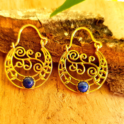 Small Boho Earrings Lapis Lazuli Brass Earrings / Triangle / Mandala / Ethnic / Rustic / Yoga / Hippie / Gypsy / Psy / Bohemian / Festival