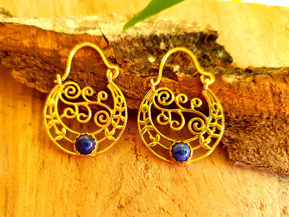 Small Boho Earrings Lapis Lazuli Brass Earrings / Triangle / Mandala / Ethnic / Rustic / Yoga / Hippie / Gypsy / Psy / Bohemian / Festival