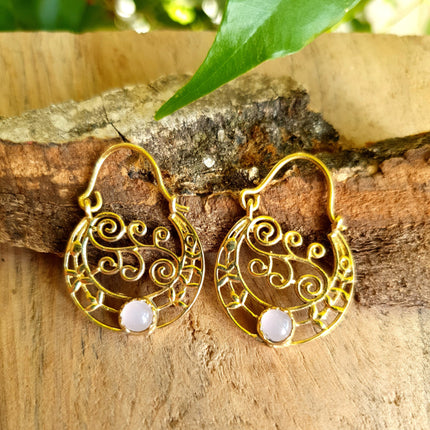 Mini Boho Hoops Rose Quartz Brass Earrings / Triangle / Mandala / Ethnic / Rustic / Yoga / Hippie / Gypsy / Psy / Bohemian / Festival