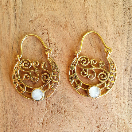 Boho Hoops Moonstone Earrings / Brass / Mandala / Ethnic / Rustic / Yoga / Hippie / Gypsy / Psy / Bohemian / Festival