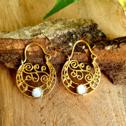 Boho Hoops Moonstone Earrings / Brass / Mandala / Ethnic / Rustic / Yoga / Hippie / Gypsy / Psy / Bohemian / Festival