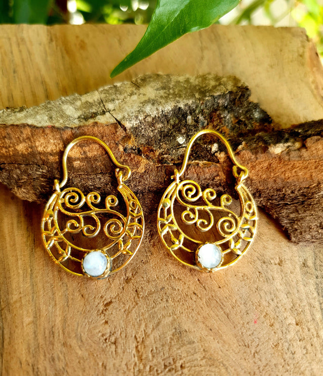 Boho Hoops Moonstone Earrings / Brass / Mandala / Ethnic / Rustic / Yoga / Hippie / Gypsy / Psy / Bohemian / Festival