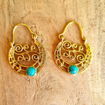 Mini Boho Hoops Turquoise Brass Earrings / Triangle / Mandala / Ethnic / Rustic / Yoga / Hippie / Gypsy / Psy / Bohemian / Festival