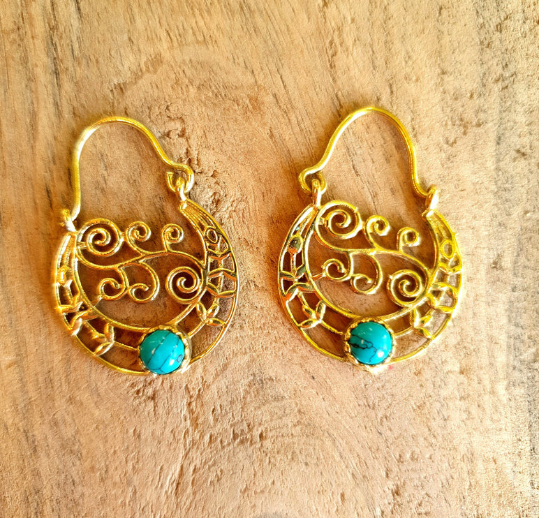 Mini Boho Hoops Turquoise Brass Earrings / Triangle / Mandala / Ethnic / Rustic / Yoga / Hippie / Gypsy / Psy / Bohemian / Festival