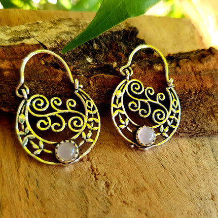 Rose Quartz Boho Hoops Silver Earrings / Mandala / Ethnic / Rustic / Yoga / Hippie / Gypsy / Psy / Festival