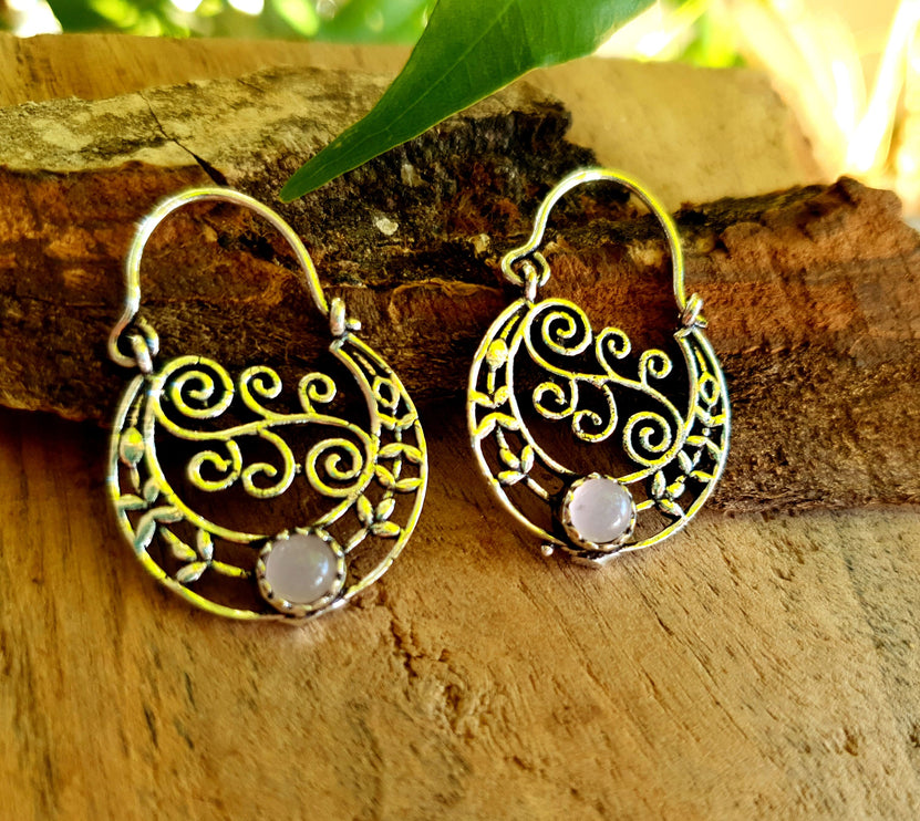 Rose Quartz Boho Hoops Silver Earrings / Mandala / Ethnic / Rustic / Yoga / Hippie / Gypsy / Psy / Festival