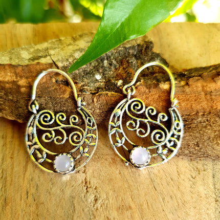 Rose Quartz Boho Hoops Silver Earrings / Mandala / Ethnic / Rustic / Yoga / Hippie / Gypsy / Psy / Festival