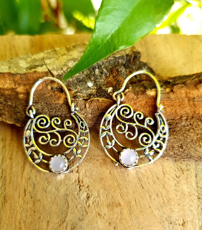 Rose Quartz Boho Hoops Silver Earrings / Mandala / Ethnic / Rustic / Yoga / Hippie / Gypsy / Psy / Festival