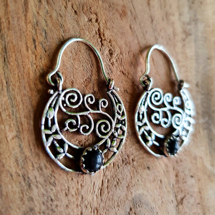 Small Boho Silver Earrings Black Onyx / Triangle / Mandala / Ethnic / Rustic / Yoga / Hippie / Gypsy / Psy / Bohemian / Festival