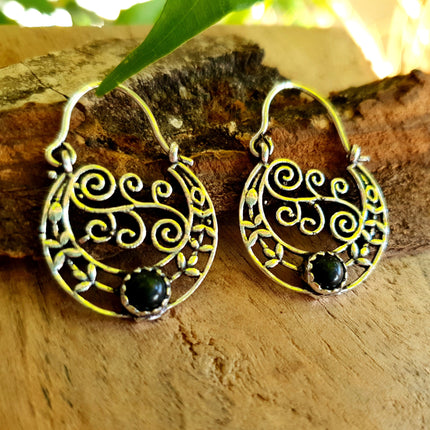 Small Boho Silver Earrings Black Onyx / Triangle / Mandala / Ethnic / Rustic / Yoga / Hippie / Gypsy / Psy / Bohemian / Festival