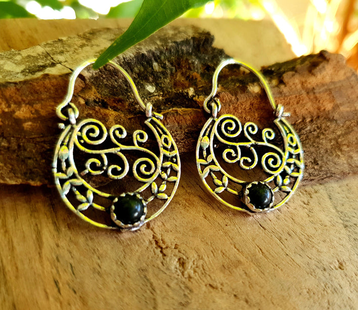 Small Boho Silver Earrings Black Onyx / Triangle / Mandala / Ethnic / Rustic / Yoga / Hippie / Gypsy / Psy / Bohemian / Festival