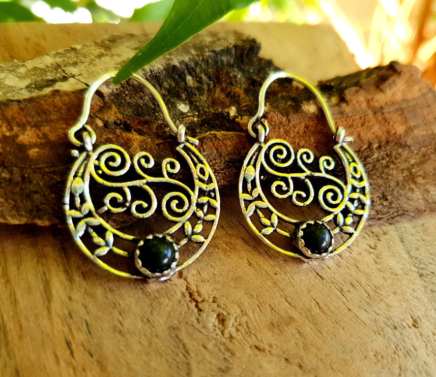 Small Boho Silver Earrings Black Onyx / Triangle / Mandala / Ethnic / Rustic / Yoga / Hippie / Gypsy / Psy / Bohemian / Festival