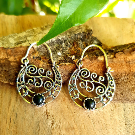 Small Boho Silver Earrings Black Onyx / Triangle / Mandala / Ethnic / Rustic / Yoga / Hippie / Gypsy / Psy / Bohemian / Festival