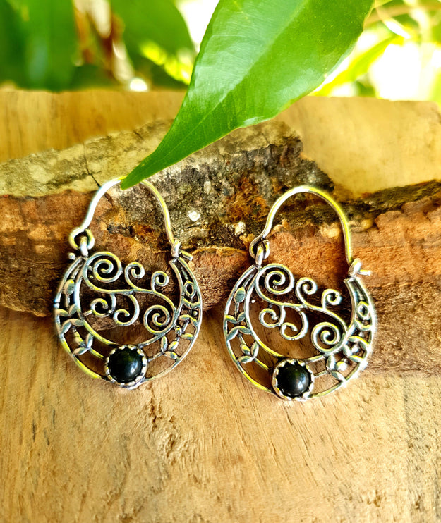 Small Boho Silver Earrings Black Onyx / Triangle / Mandala / Ethnic / Rustic / Yoga / Hippie / Gypsy / Psy / Bohemian / Festival