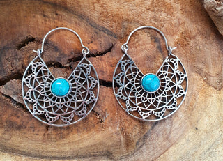 Turquoise Silver Hoop Earrings Ethnic, rustic, yoga, hippie, gypsy, pretty, psy, boho, bohemian, festival