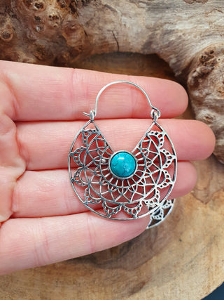 Turquoise Silver Hoop Earrings Ethnic, rustic, yoga, hippie, gypsy, pretty, psy, boho, bohemian, festival