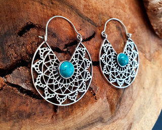 Turquoise Silver Hoop Earrings Ethnic, rustic, yoga, hippie, gypsy, pretty, psy, boho, bohemian, festival