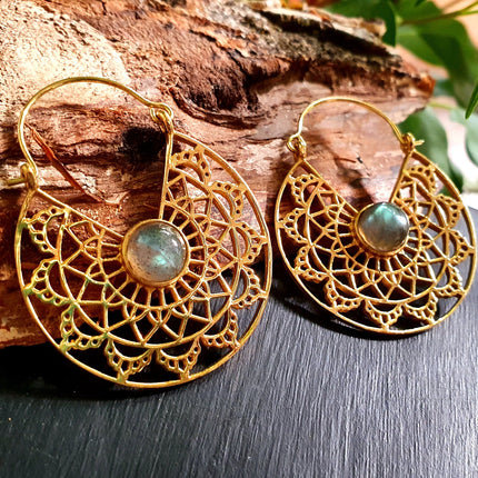 Labradorite & Brass Hoop Earrings Ethnic, rustic, yoga, hippie, gypsy, pretty, psy, boho, bohemian, festival