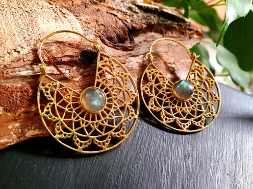 Labradorite & Brass Hoop Earrings Ethnic, rustic, yoga, hippie, gypsy, pretty, psy, boho, bohemian, festival