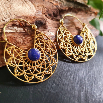 Golden Ethnic Lapis Lazuli Earrings Ethnic, Blue Stone , rustic, yoga, hippie, gypsy, pretty, psy, boho, bohemian, festival