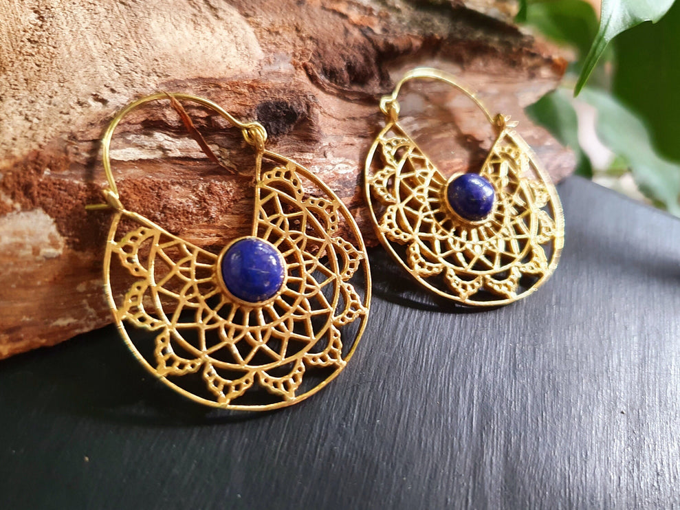 Golden Ethnic Lapis Lazuli Earrings Ethnic, Blue Stone , rustic, yoga, hippie, gypsy, pretty, psy, boho, bohemian, festival