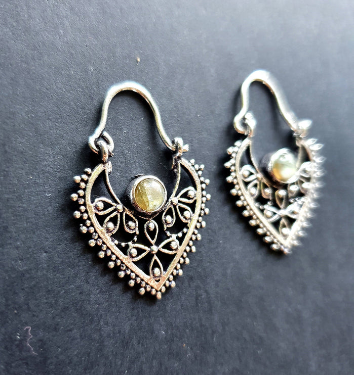 Petites Boucles D'oreilles Argent Labradorite / Créoles / Boho Bohème Ethnique Rustique Indien Yoga Gypsy Hippie Bohemian