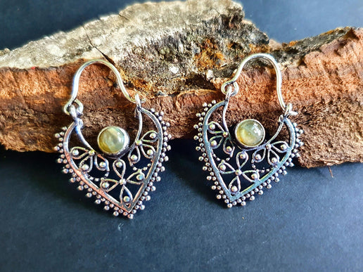 Petites Boucles D'oreilles Argent Labradorite / Créoles / Boho Bohème Ethnique Rustique Indien Yoga Gypsy Hippie Bohemian