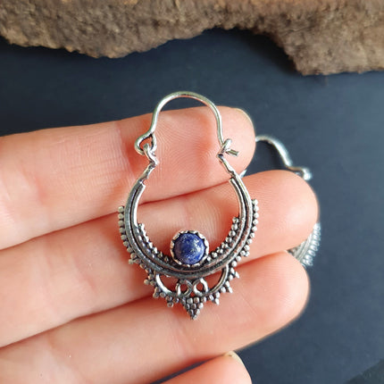 Small Boho Silver Earrings Lapis Lazuli / Triangle / Mandala / Ethnic / Rustic / Yoga / Hippie / Gypsy / Psy / Bohemian / Festival