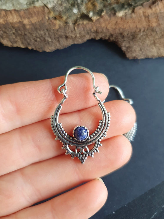 Small Boho Silver Earrings Lapis Lazuli / Triangle / Mandala / Ethnic / Rustic / Yoga / Hippie / Gypsy / Psy / Bohemian / Festival