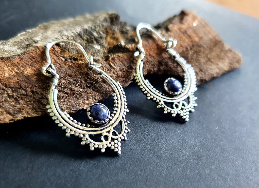 Small Boho Silver Earrings Lapis Lazuli / Triangle / Mandala / Ethnic / Rustic / Yoga / Hippie / Gypsy / Psy / Bohemian / Festival